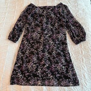 New York & Company Black and Purple Floral Dress 3/4 Sleeves Eva Mendes XS
